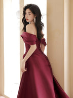 A-Line Off Shoulder Satin Sweet Train Dark Red Long Formal Prom Dresses