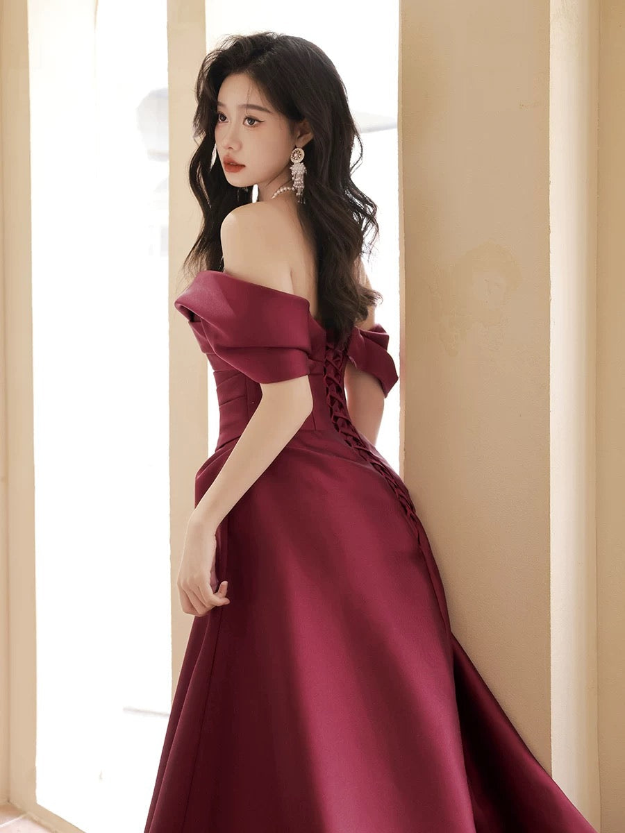 A-Line Off Shoulder Satin Sweet Train Dark Red Long Formal Prom Dresses