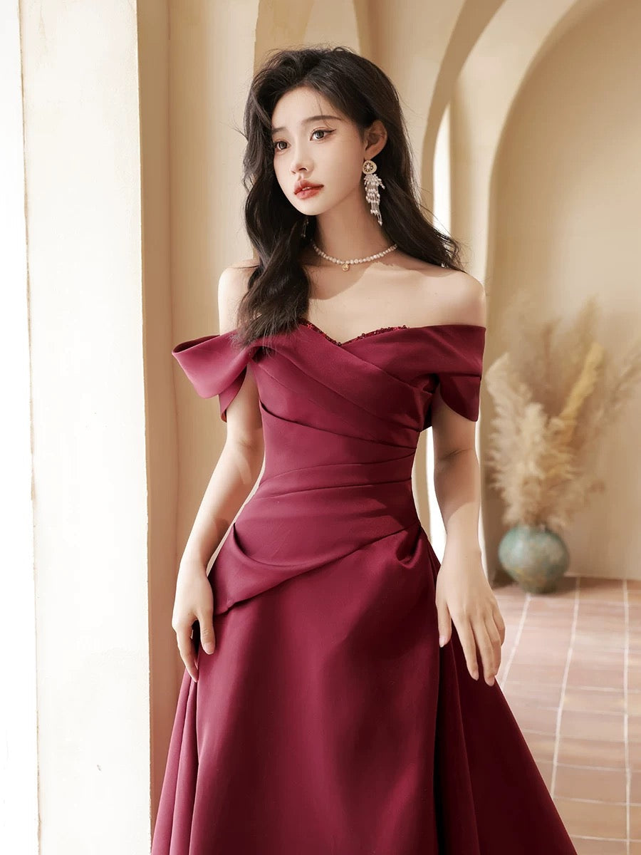 A-Line Off Shoulder Satin Sweet Train Dark Red Long Formal Prom Dresses