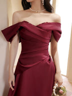 A-Line Off Shoulder Satin Sweet Train Dark Red Long Formal Prom Dresses