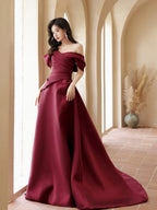 A-Line Off Shoulder Satin Sweet Train Dark Red Long Formal Prom Dresses