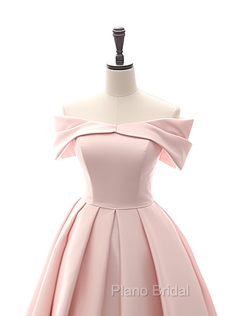 A-Line Off Shoulder Satin Tea Length Pink Formal Prom Dresses, Pink Formal Dresses