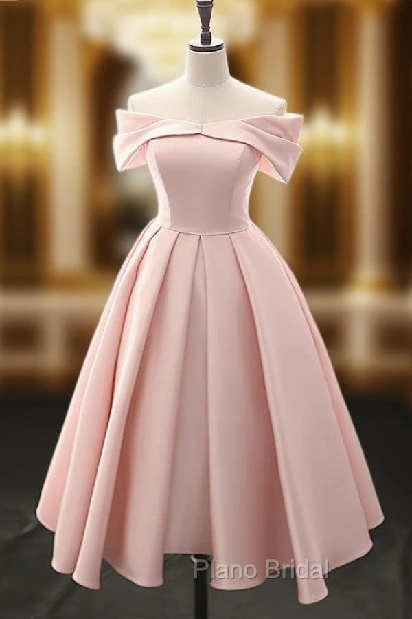 A-Line Off Shoulder Satin Tea Length Pink Formal Prom Dresses, Pink Formal Dresses