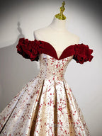 A-Line Off Shoulder Satin/Velvet Champagne Long Formal Prom Dresses, Champagne Long Evening Dresses