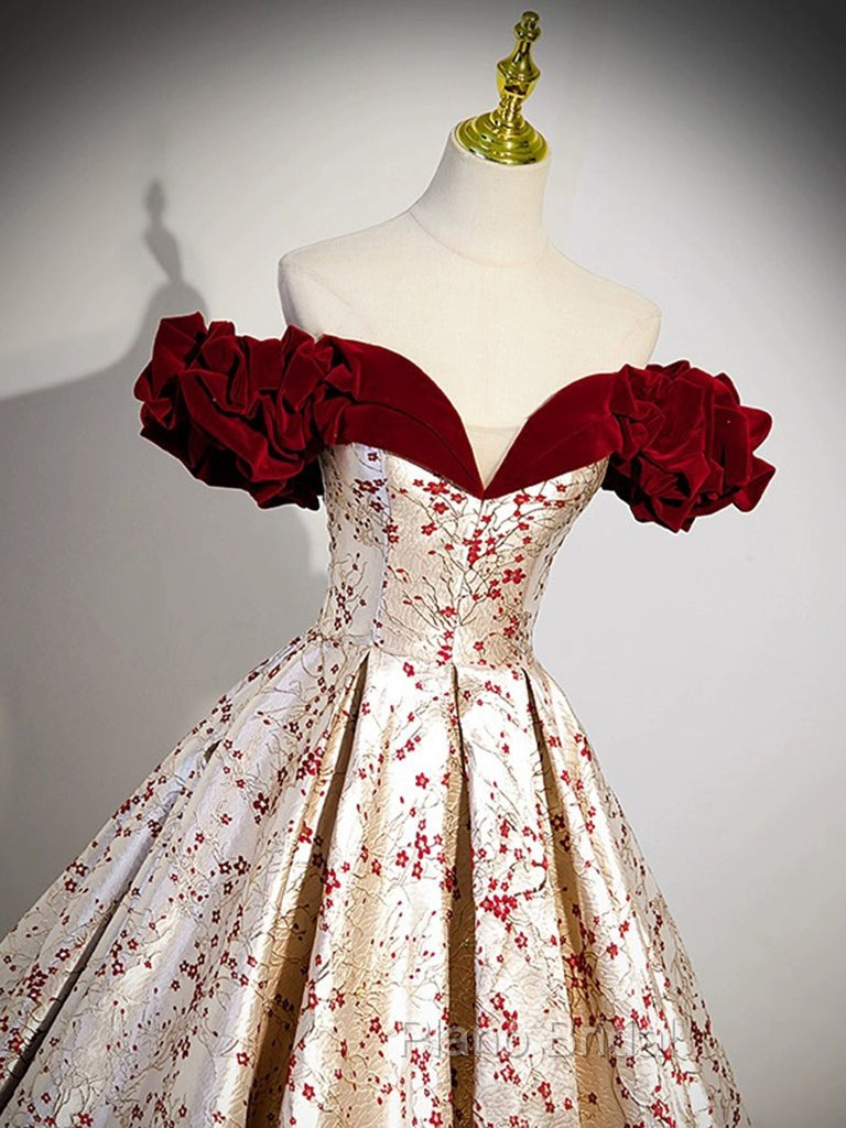 A-Line Off Shoulder Satin/Velvet Champagne Long Formal Prom Dresses, Champagne Long Evening Dresses