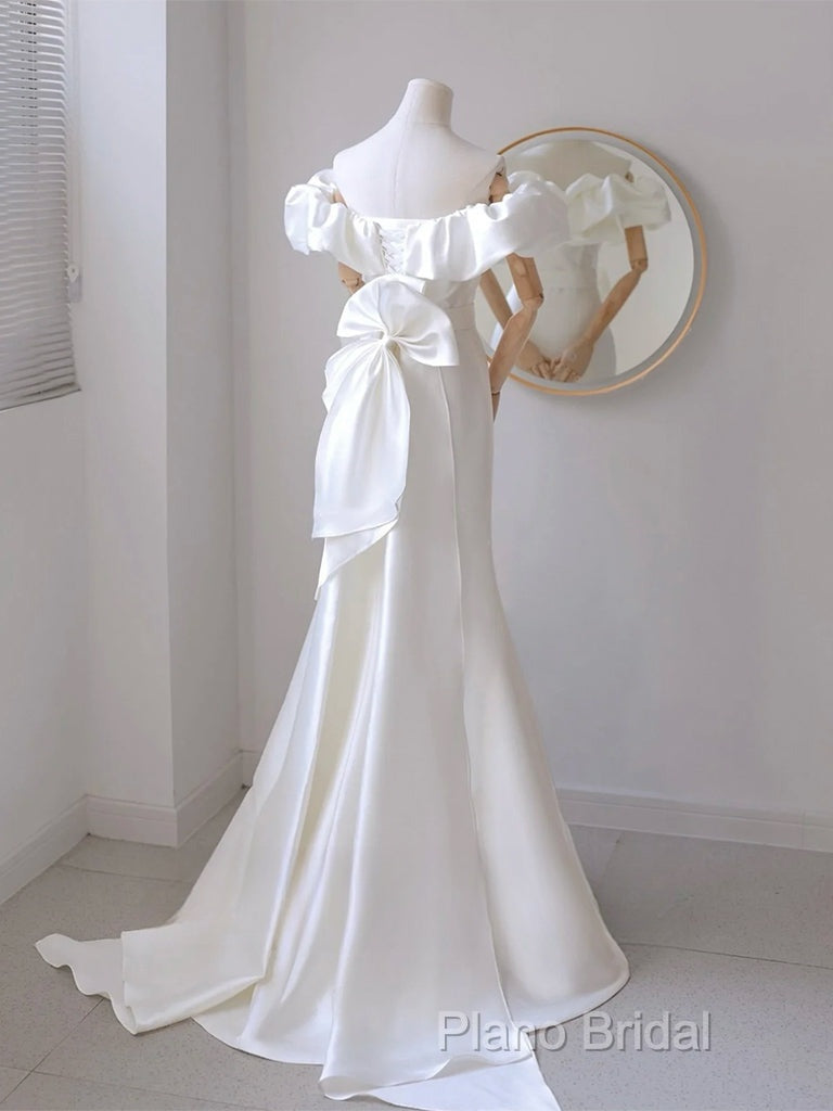 A-Line Off Shoulder Satin White Long Formal Prom Dresses, White Long Party Dresses Secondary image