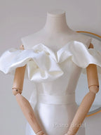 A-Line Off Shoulder Satin White Long Formal Prom Dresses, White Long Party Dresses