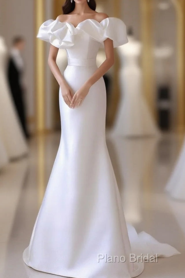 A-Line Off Shoulder Satin White Long Formal Prom Dresses, White Long Party Dresses Main image