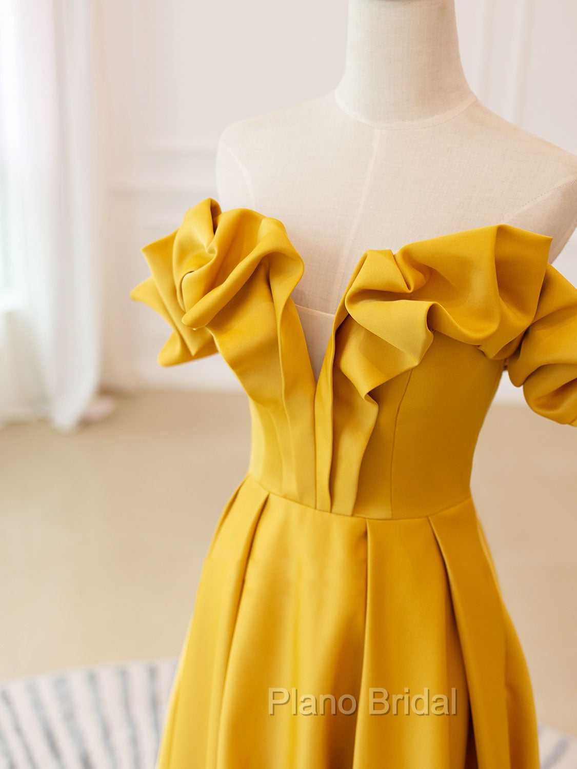 A-Line Off Shoulder Satin Yellow Long Formal Prom Dresses, Yellow Formal Evening Dresses