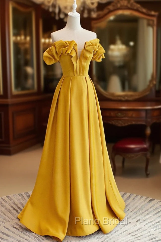 A-Line Off Shoulder Satin Yellow Long Formal Prom Dresses, Yellow Formal Evening Dresses Main image