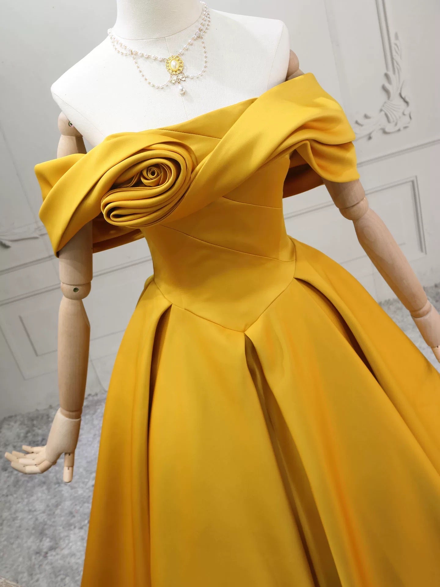 A-Line Off Shoulder Satin Yellow Long Formal Prom Dresses, Yellow Long Prom Dresses Secondary image