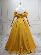 A-Line Off Shoulder Satin Yellow Long Formal Prom Dresses, Yellow Long Prom Dresses