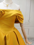 A-Line Off Shoulder Satin Yellow Long Formal Prom Dresses, Yellow Long Prom Dresses