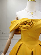 A-Line Off Shoulder Satin Yellow Long Formal Prom Dresses, Yellow Long Prom Dresses