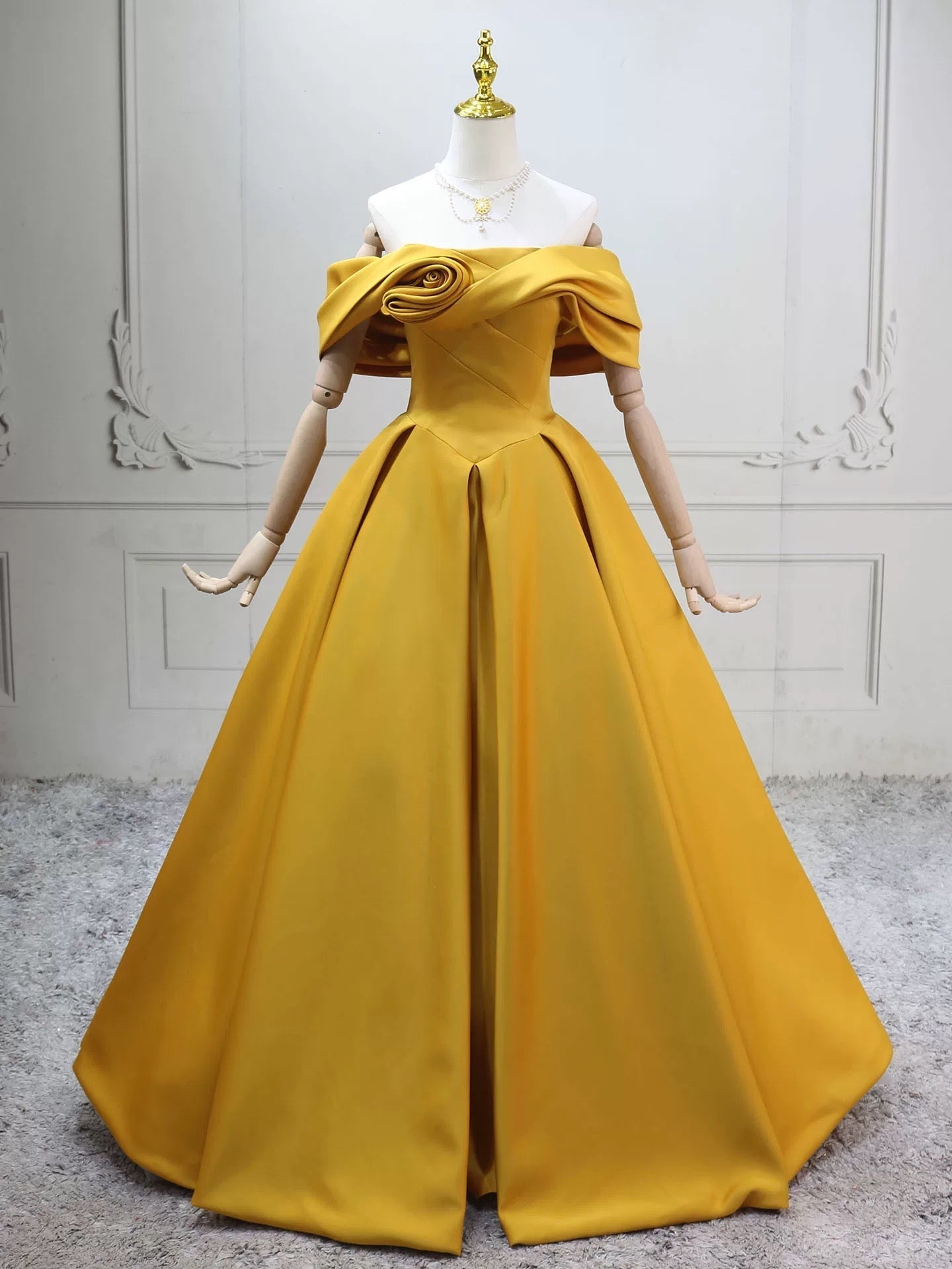 A-Line Off Shoulder Satin Yellow Long Formal Prom Dresses, Yellow Long Prom Dresses Main image
