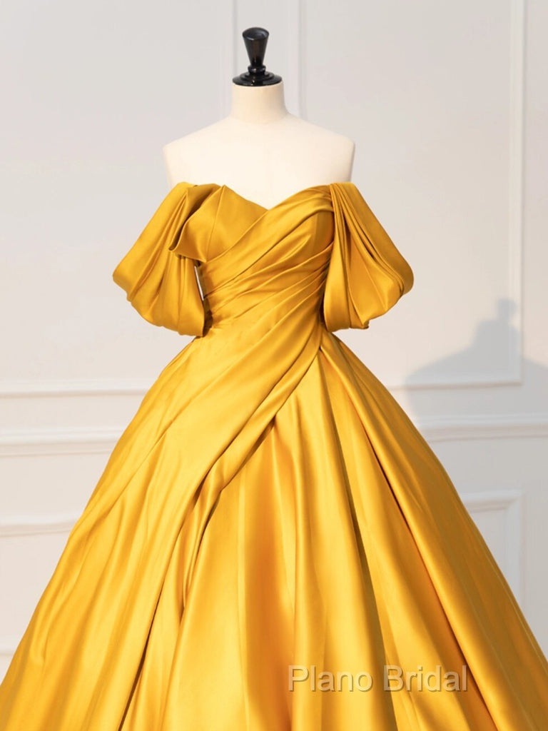 A-Line Off Shoulder Satin Yellow Long Formal Prom Dresses, Yellow Long Formal Dresses