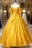 A-Line Off Shoulder Satin Yellow Long Formal Prom Dresses, Yellow Long Formal Dresses