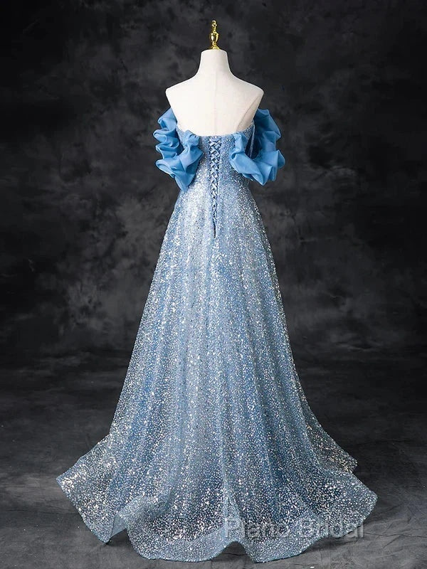 A-Line Off Shoulder Sequin Beads Blue Long Formal Prom Dresses Sparkly Formal Dresses Secondary image