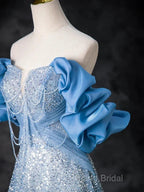 A-Line Off Shoulder Sequin Beads Blue Long Formal Prom Dresses Sparkly Formal Dresses