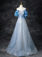 A-Line Off Shoulder Sequin Beads Blue Long Formal Prom Dresses Sparkly Formal Dresses