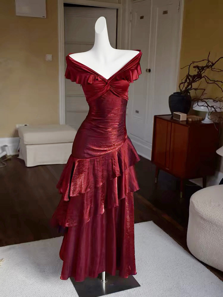 A-Line Off Shoulder Silk Floor Length Burgundy Formal Prom Dresses