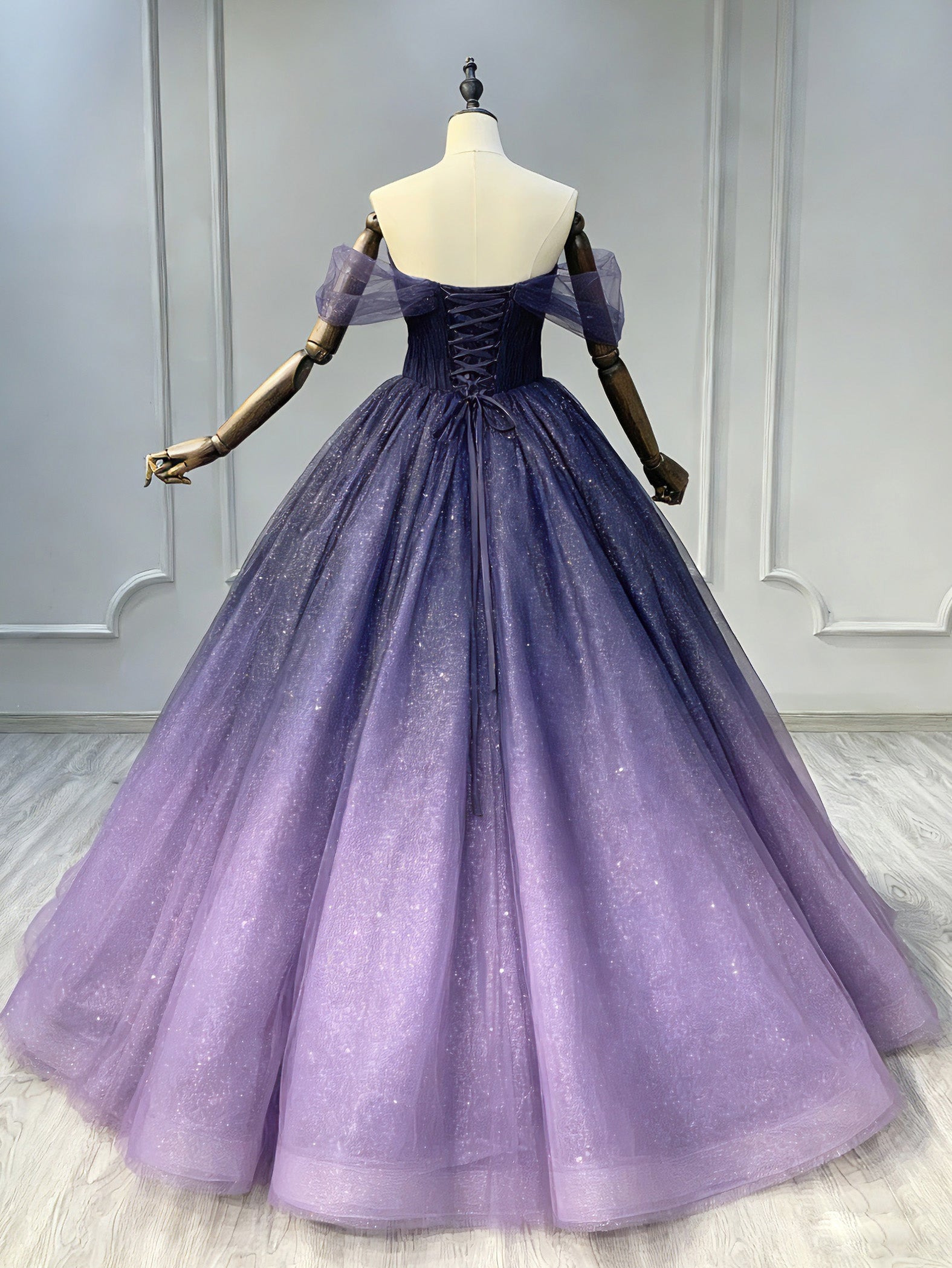A-Line Off Shoulder Sweetheart Shiny Tulle Purple Ball Gown Formal Prom Dresses Secondary image