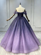 A-Line Off Shoulder Sweetheart Shiny Tulle Purple Ball Gown Formal Prom Dresses