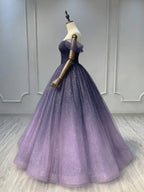 A-Line Off Shoulder Sweetheart Shiny Tulle Purple Ball Gown Formal Prom Dresses
