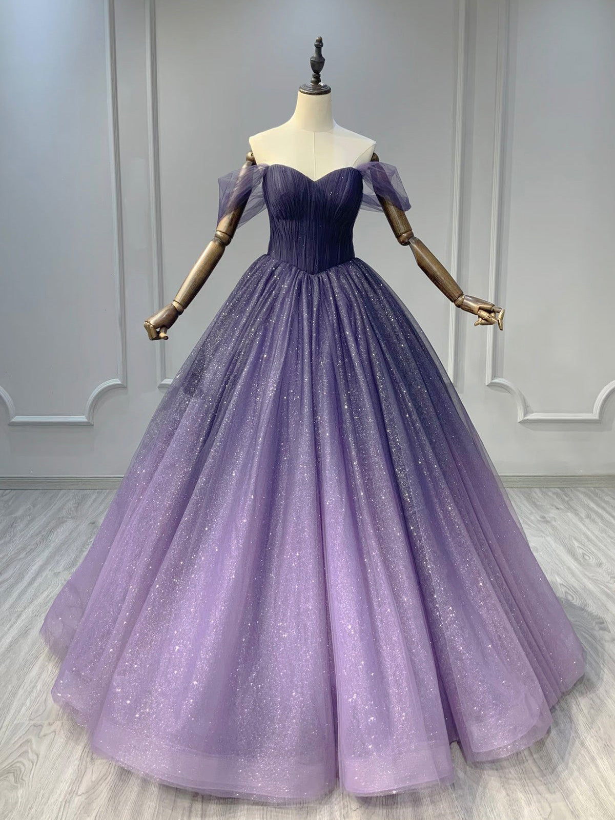 A-Line Off Shoulder Sweetheart Shiny Tulle Purple Ball Gown Formal Prom Dresses