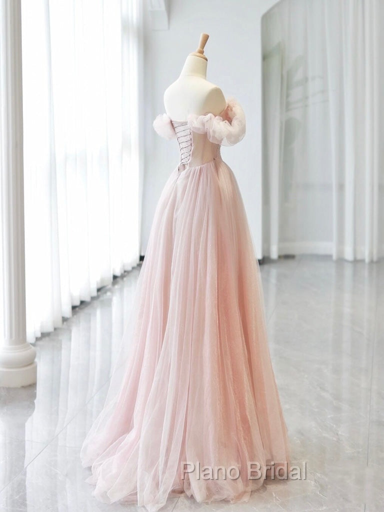 A-Line Off Shoulder Tulle Beads Pink Long Formal Prom Dresses, Pink Tulle Long Formal Dresses
