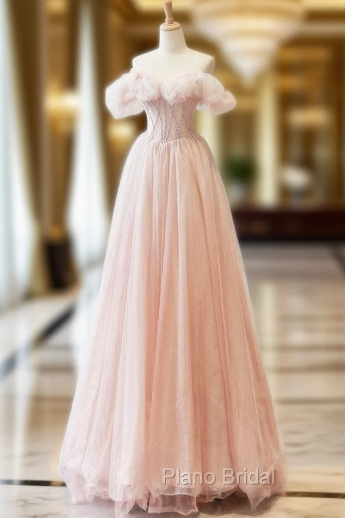 A-Line Off Shoulder Tulle Beads Pink Long Formal Prom Dresses, Pink Tulle Long Formal Dresses Main image