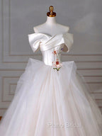 A-Line Off Shoulder Tulle Beige Long Formal Prom Dresses, Beige Tulle Long Formal Dresses