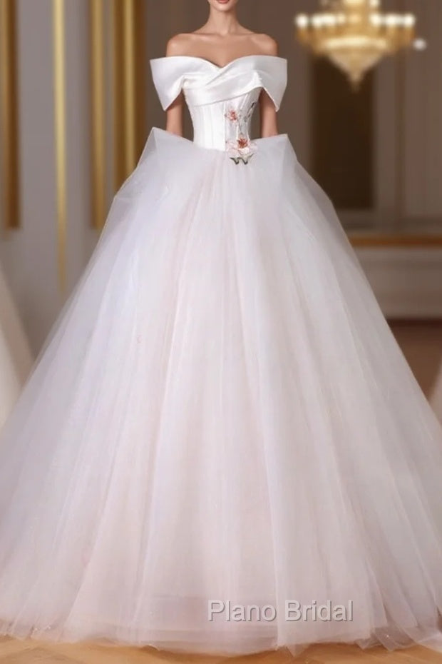 A-Line Off Shoulder Tulle Beige Long Formal Prom Dresses, Beige Tulle Long Formal Dresses Main image