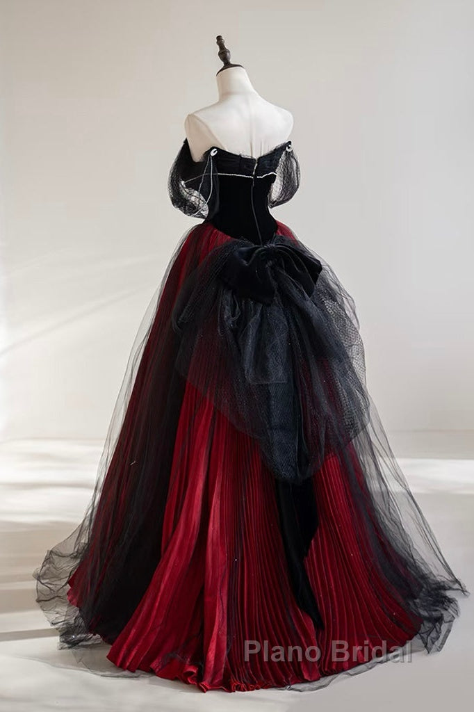 A-Line Off Shoulder Tulle Black/Burgundy Long Formal Prom Dresses Secondary image