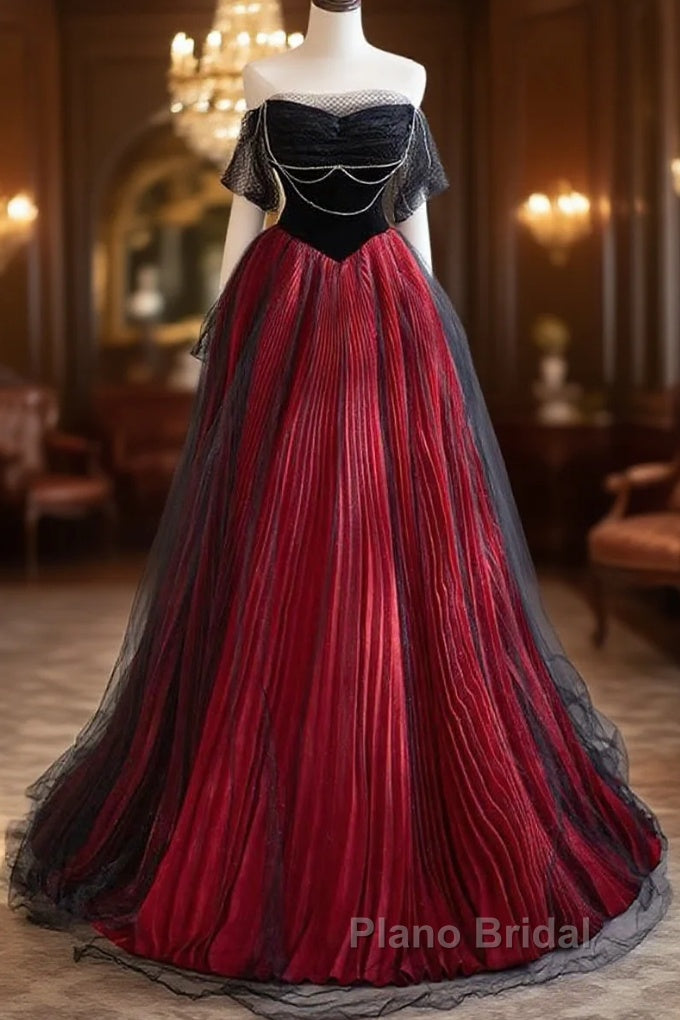 A-Line Off Shoulder Tulle Black/Burgundy Long Formal Prom Dresses