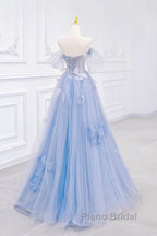 A-Line Off Shoulder Tulle Blue Long Formal Prom Dresses, Blue Long Formal Dresses