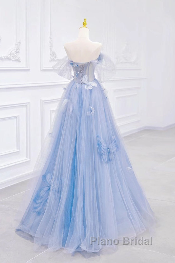 A-Line Off Shoulder Tulle Blue Long Formal Prom Dresses, Blue Long Formal Dresses
