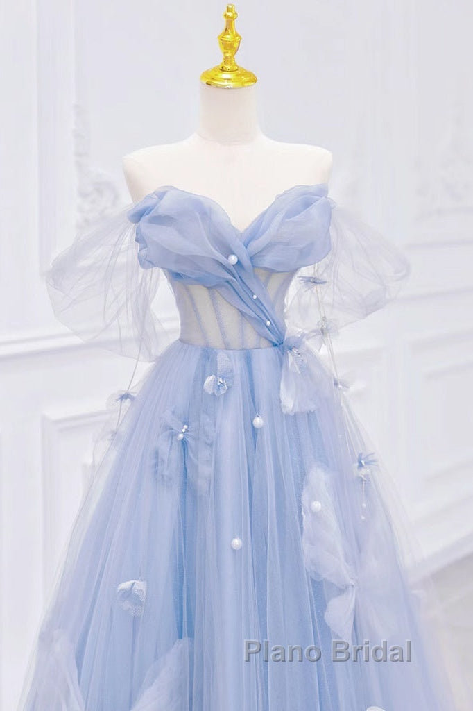 A-Line Off Shoulder Tulle Blue Long Formal Prom Dresses, Blue Long Formal Dresses