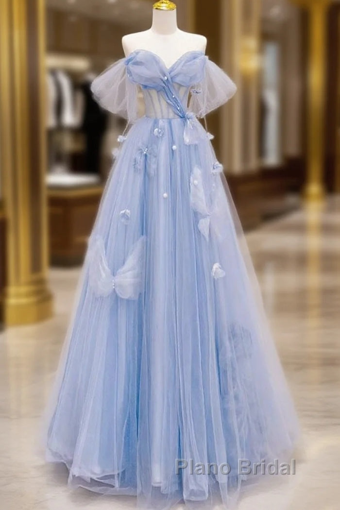 A-Line Off Shoulder Tulle Blue Long Formal Prom Dresses, Blue Long Formal Dresses Main image