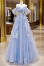 A-Line Off Shoulder Tulle Blue Long Formal Prom Dresses, Blue Long Formal Dresses