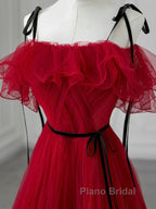 A-Line Off Shoulder Tulle Burgundy Long Formal Prom Dresses, Burgundy Long Formal Dresses