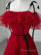 A-Line Off Shoulder Tulle Burgundy Long Formal Prom Dresses, Burgundy Long Formal Dresses