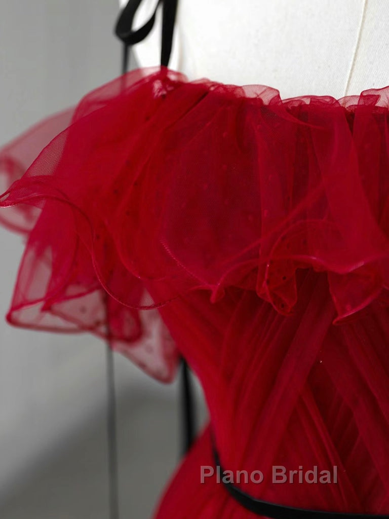 A-Line Off Shoulder Tulle Burgundy Long Formal Prom Dresses, Burgundy Long Formal Dresses