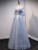 A-Line Off Shoulder Tulle Gray Blue Long Formal Prom Dresses, Gray Blue Long Formal Dresses
