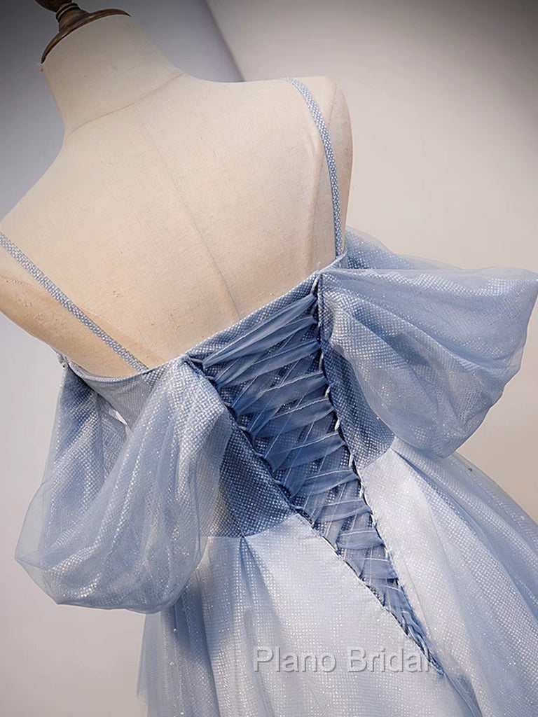A-Line Off Shoulder Tulle Gray Blue Long Formal Prom Dresses, Gray Blue Long Formal Dresses