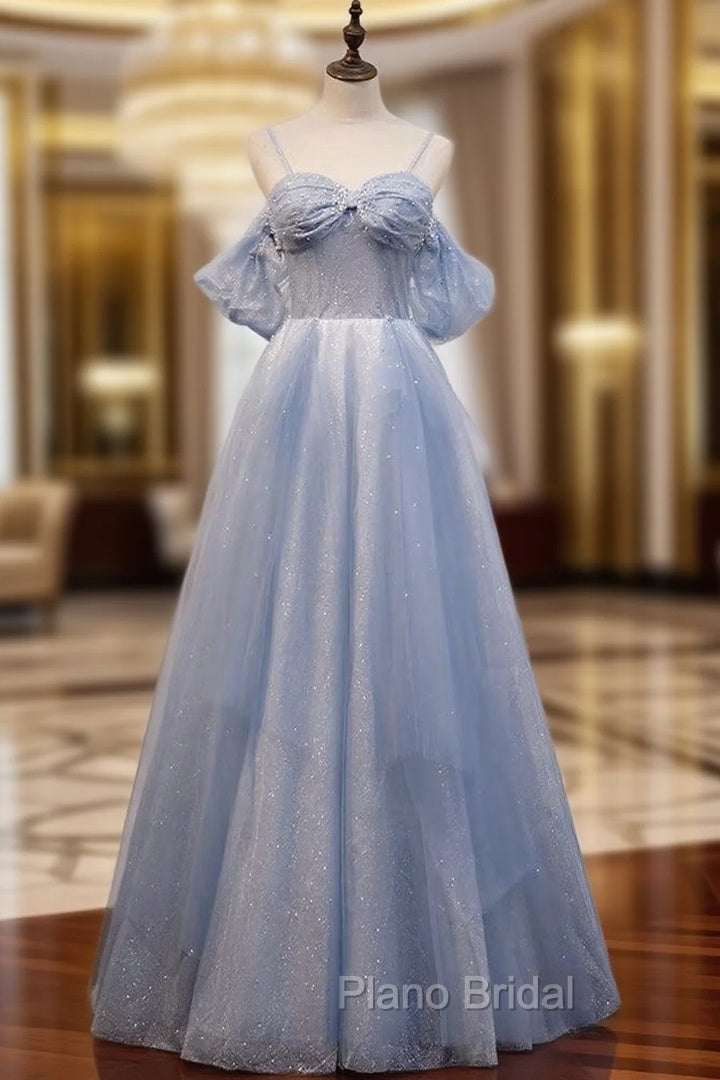 A-Line Off Shoulder Tulle Gray Blue Long Formal Prom Dresses, Gray Blue Long Formal Dresses Main image