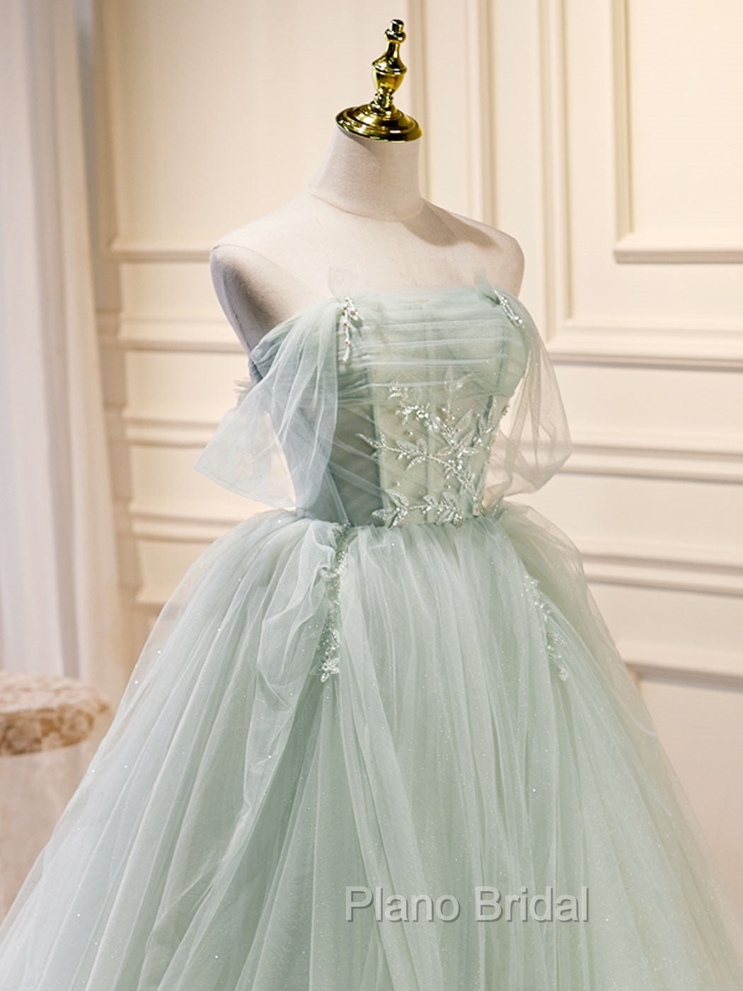 A-Line Off Shoulder Tulle Green Long Formal Prom Dresses, Green Formal Dresses with Beading