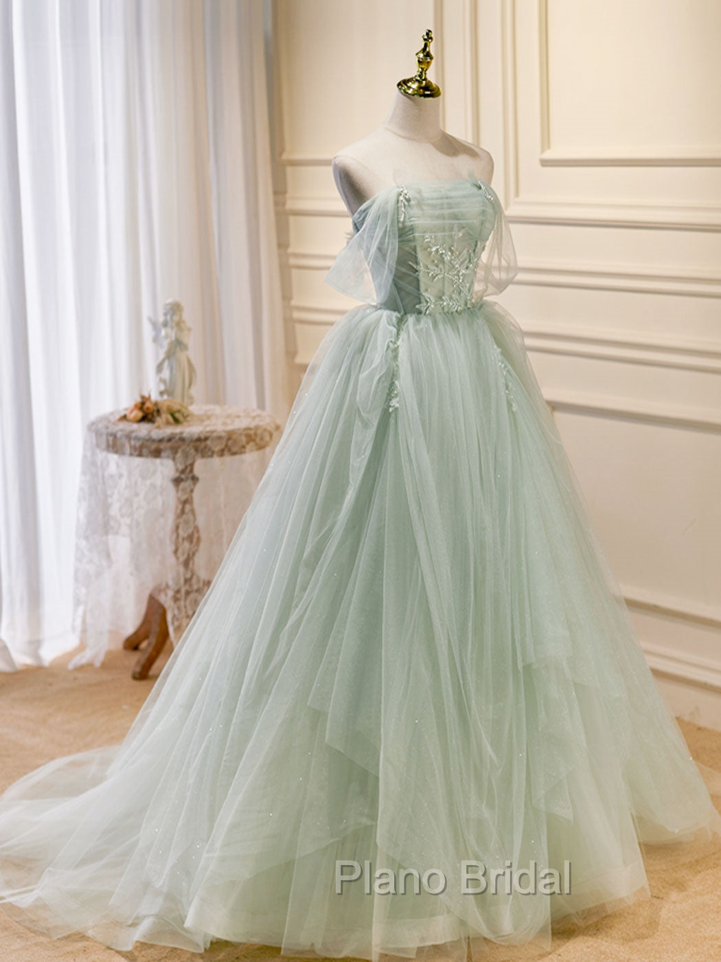 A-Line Off Shoulder Tulle Green Long Formal Prom Dresses, Green Formal Dresses with Beading