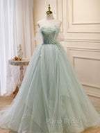 A-Line Off Shoulder Tulle Green Long Formal Prom Dresses, Green Formal Dresses with Beading