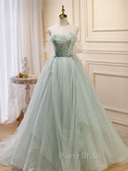 A-Line Off Shoulder Tulle Green Long Formal Prom Dresses, Green Formal Dresses with Beading